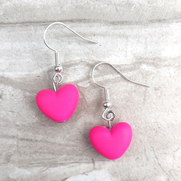 pink heart dangle earrings, neon pink hearts, love, heart jewelry, anniversary gift, cute earrings, drop dangle earrings, gift for her