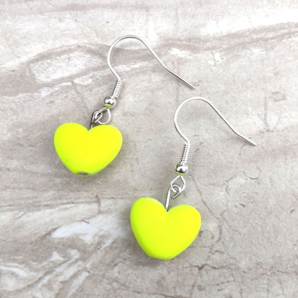 yellow heart dangle earrings, neon yellow hearts, love, heart jewelry, anniversary gift, cute earrings, drop dangle earrings, gift for her