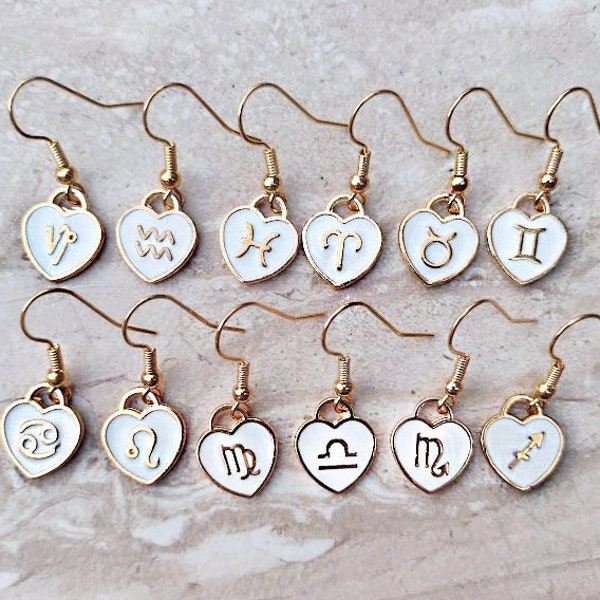 Zodiac Dangle Earrings, White and Gold, Zodiac Sign Jewelry, Astrology Charms, Enamel Earrings, Heart Earrings