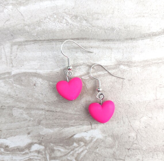 pink heart dangle earrings neon pink hearts love heart jewelry anniversary gift cute earrings drop dangle earrings gift for her