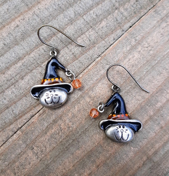 witch cat earrings, vintage dangle earrings, black