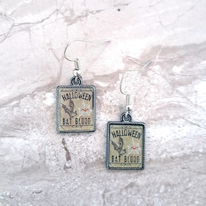 Halloween Potion Earrings, &quot;Halloween Bat Blood&quot;, Square Dangle Earrings, Spooky Earrings, Halloween Jewelry