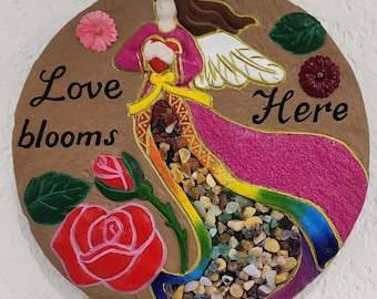 Decorative Rainbow Angel Plate with Crystal Embellishments, Wall Art, "Love Blooms Here"