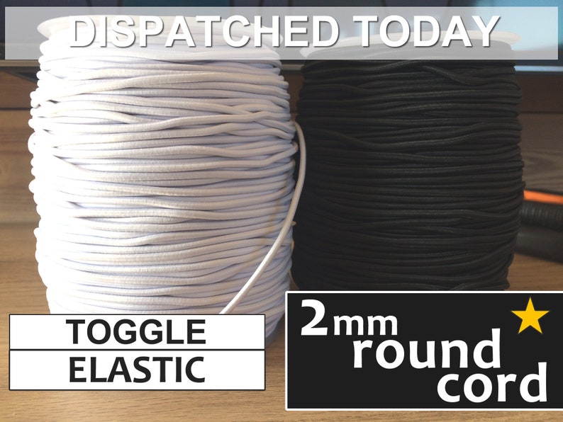UK 1.5 - 2mm Round Cord Mask Bungee Toggle Elastic White or Blac UK 1.5 - 2mm Round Cord Mask Bungee Toggle Elastic White or Blac