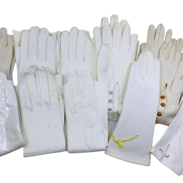 Antique Vintage White Gloves Lot 10 Pairs Mostly Italian Leather Various Lengths Sizes 6.5-7.5 (Unused & Used See All Photos/Description)