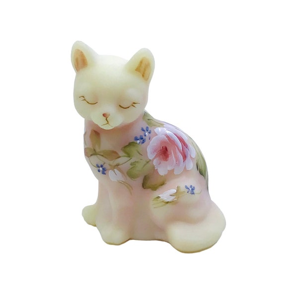 Fenton Burmese Satin Glass Cat Figurine Floral Hand Painted Signed