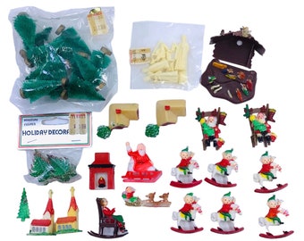 Vintage Christmas Plastic Cake Toppers Crafting Miniatures Santas Elves Bottle Brush Trees Nativities & More