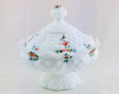 Vintage Fenton Pink Rose Hobnail Milk Glass Covered Candy Bowl Dish Floral Hand Painted By Alice Farley Vintage Wedding Gift