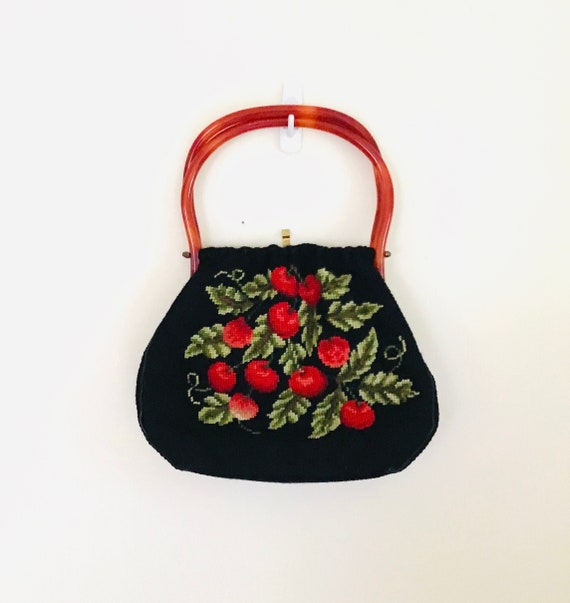 Vintage Needlepoint Cherries Handbag With Lucite H