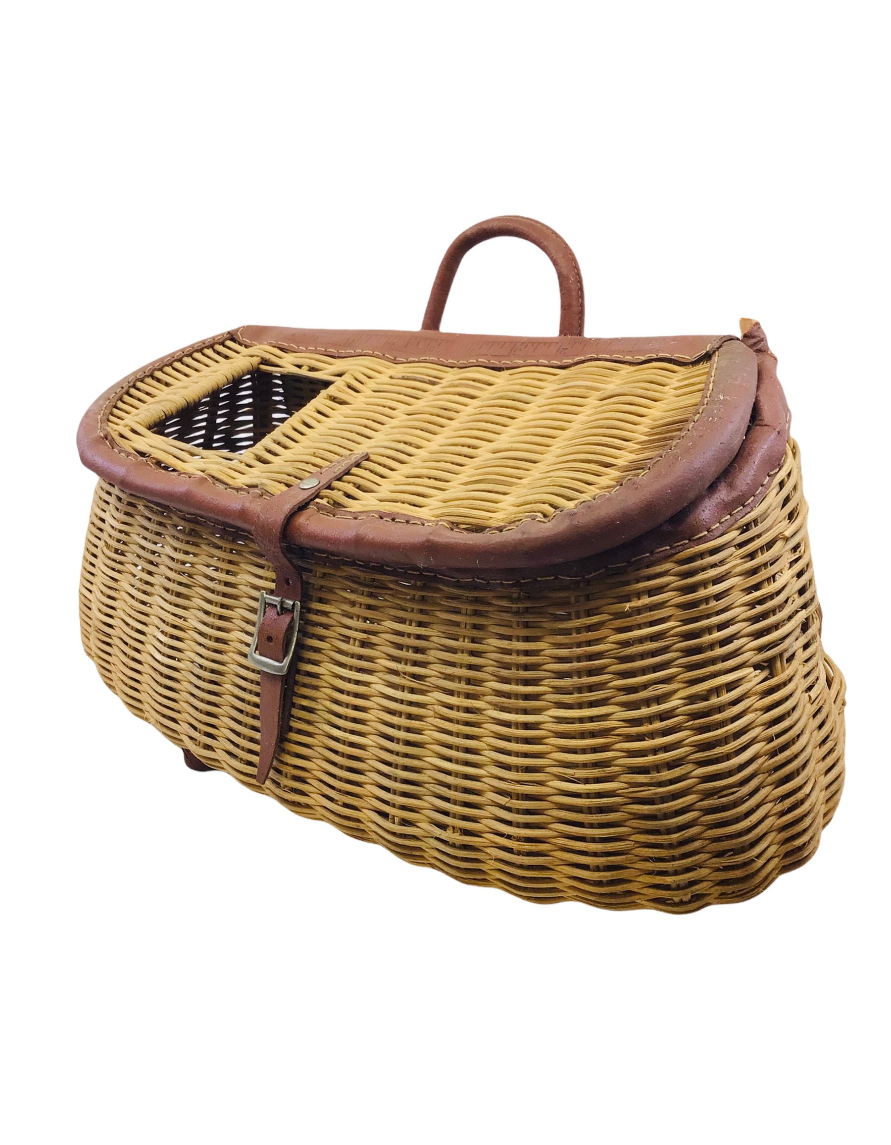 Vintage Fly Fishing Basket W/ Embossed Leather Strap Rustic Cabin Decor 