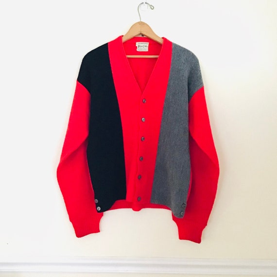 Vintage 1950s 60s Mens Cardigan Sweater Tri Tone C