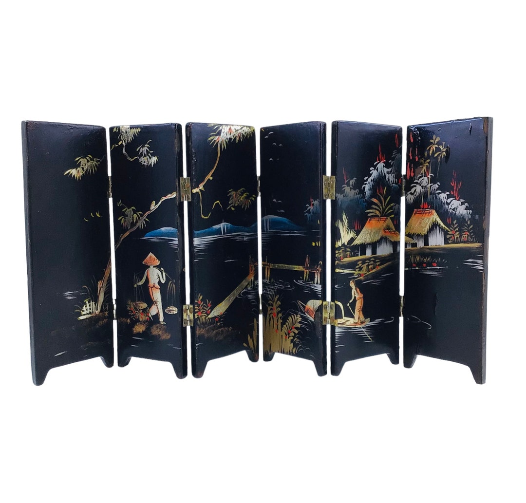 Vintage Asian Mini Folding Screen Wooden Hand Painted Six Etsy