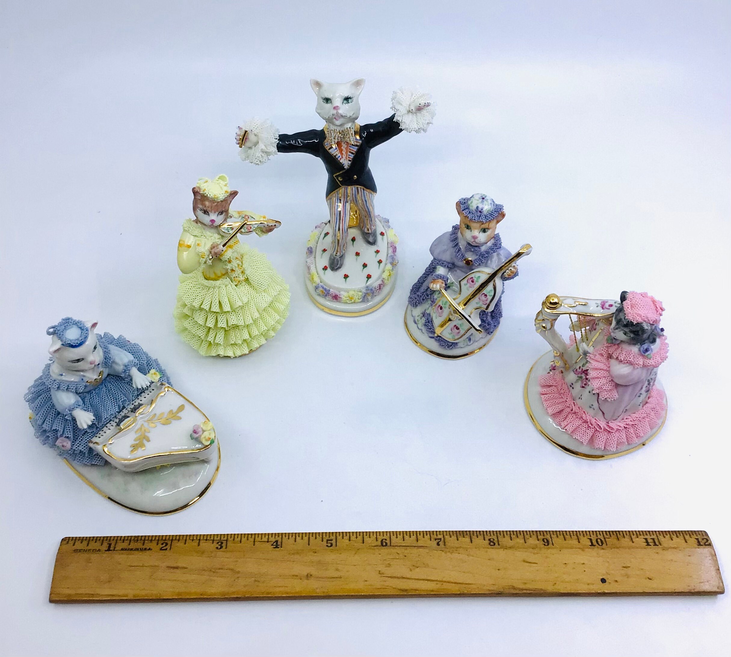 Vintage Irish Dresden Cat Orchestra Figurines 5 Piece Set