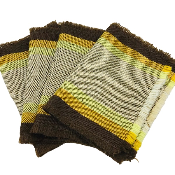 Vintage 70s Striped Placemats Set of 4 Woven Placemats Rectangle Brown Yellow Yarn 1960s 70s
