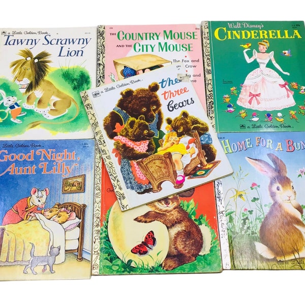 Vintage Little Golden Books Lot HC (7) Cinderella, Home For A Bunny, Tawny Scrawny Lion, Country Mouse City Mouse The Golden Egg Book & More