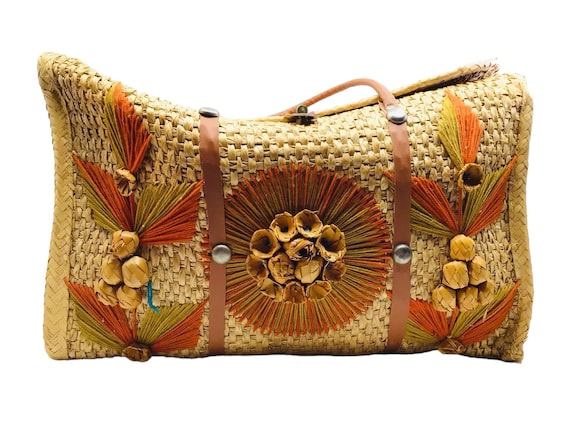 Vintage Woven Straw Raffia Tote Bag: Natural Boho Tro… - Gem