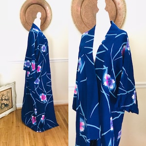 Vintage Blue Japanese Kimono Robe Tropical Floral Print Womens Size Medium