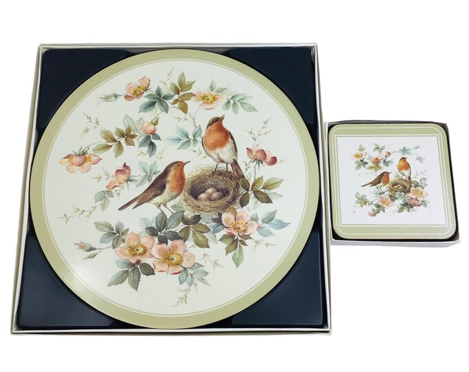 Pimpernel Robin & Roses Round Placemats Coasters Set of 6 Boxed Acrylic