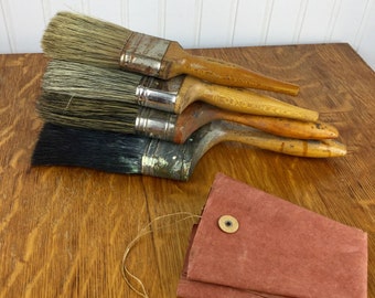 Set of 4 Vintage Paintbrushes Wood Handles Various Paintbrush & Sizes