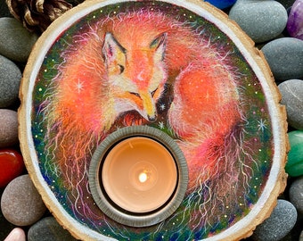 Magical moon fox tea light holder, fox goddess log slice candle holder, unique red fox painting, fox spirit familiar home decor, fox gift