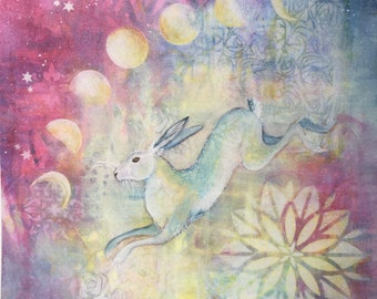 Moongazing hare fine art giclee print, hare and moonphases art, mystical magical home wall decor, celestial feminine wall art, colourful art