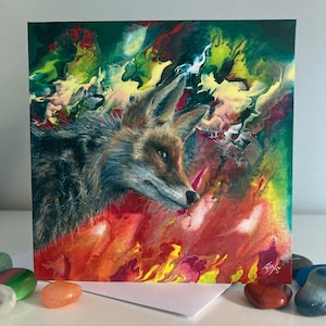 Carte de voeux magique colorée de renard, carte d'anniversaire vierge de portrait de renard, animal d'esprit de renard roux, mur de renard ou décor d'autel, carte de renard à encadrer