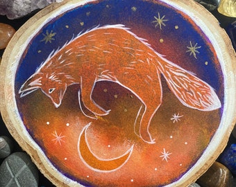 Red fox painting, leaping fox wood slice painting, fox art, witches altar decor, fox and moon art, magical dreamy art, pagan home decor