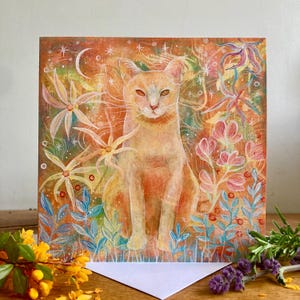 Orange Katze Blanko-Grußkarte, The Seer, magische bunte Karte für Katzenliebhaber, verrückte Katzenkunstkarte