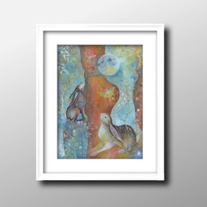 Moongazing hares fine art print, magical moongazing hare picture, art for pagan home, witchy art, home wall decor, cottagecore, mystical art image 6