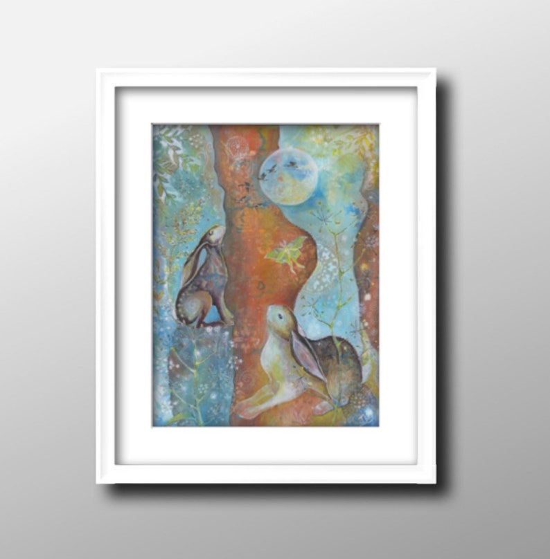 Moongazing hares fine art print, magical moongazing hare picture, art for pagan home, witchy art, home wall decor, cottagecore, mystical art imagem 6