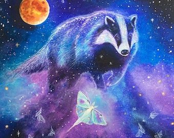 Great Sky Badger Fine Art Giclee Print, badger spirit gift idea, badger painting, unique badger art, pagan home, affordable magical wall art