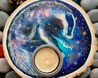 Magical badger tea light candle holder, cosmic badger spirit original artwork, unique badger painting, pagan witchy badger totem home decor