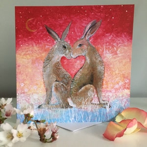 Hasen Valentinstagskarte, Hochzeitskarte, Verlobungskarte, Handfasting, verliebte Hasen, Seelenverwandte, romantische Hasenkarte, Cottagecore, verträumte Kunst