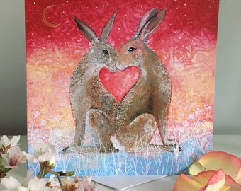 Hares Valentines Card, Wedding Card, Engagement Card, Handfasting, Hares in Love, Soulmates, Romantic Hare Card, Cottagecore, Dreamy Art