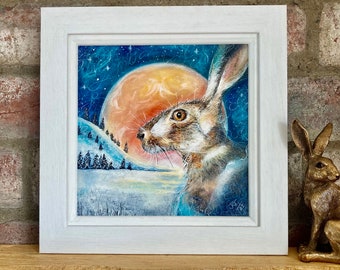 Original Moongazing Hare Painting, Small Framed Hare Picture, Hare Christmas Gift Idea, Magical Affordable Art, Pagan Home Decor