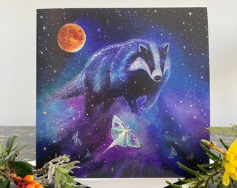 Sky badger card, blank badger birthday thank you card, badger spirit,  mystical art, dreamy art, 'Great Sky Badger’, badger cosmos painting