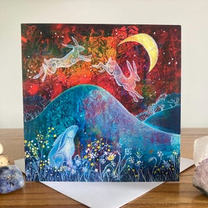 Moongazing Hare Card: Colourful Hare and Moon Art
