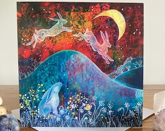 Moongazing hare blank greetings card: colourful hare and moon wall art,  magical hare home decor, Chasing the Moon