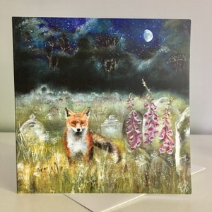 Fox greetings card, fox and foxgloves card, nature lovers card, fox birthday card, thank you, blank fox card, graveyard art, mystical art image 1