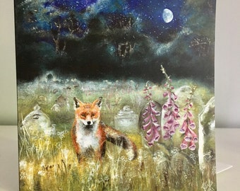 Fox greetings card, fox and foxgloves card, nature lovers card, fox birthday card, thank you, blank fox card, graveyard art, mystical art