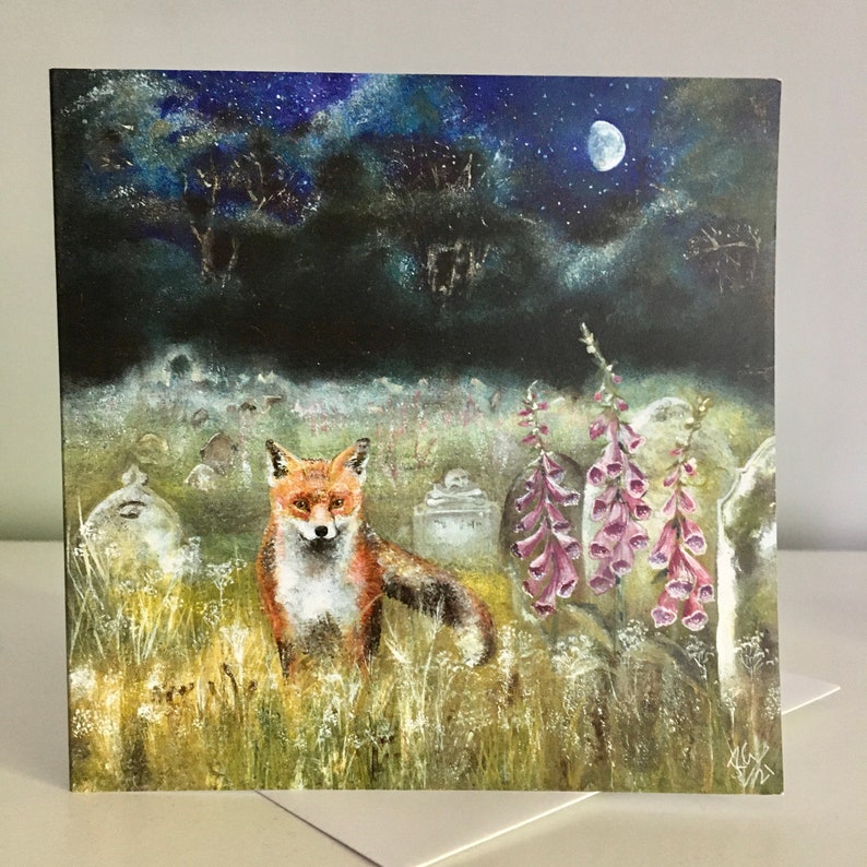 May include: A painting of a red fox standing in a field of tall grass under a starry night sky. The fox is looking to the left of the image. There are several headstones in the background, suggesting a graveyard setting.