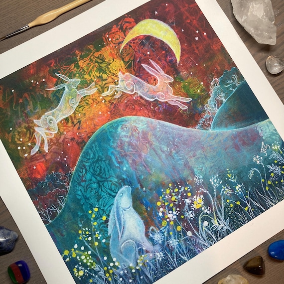 Moongazing Hare Art Print: Colourful Fairytale Wall Art