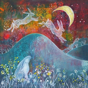 May include: A painting of three white rabbits in a field with a crescent moon in the sky. The rabbits are jumping and one is sitting on the ground. The background is a colorful landscape with a hill in the foreground.
