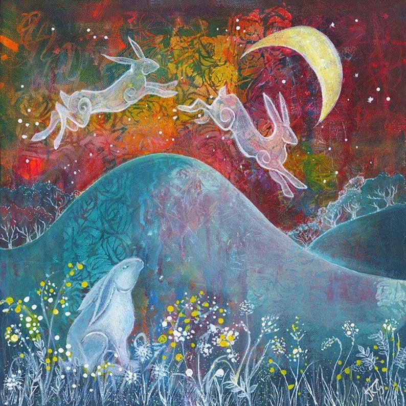 May include: A painting of three white rabbits in a field with a crescent moon in the sky. The rabbits are jumping and one is sitting on the ground. The background is a colorful landscape with a hill in the foreground.