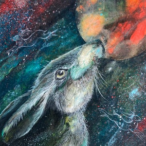 Moongazing hare fine art giclee print, hare and moon magical art, moongazing hare Christmas gift idea, pagan and witchy home decor,
