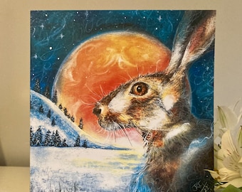 Moongazing hare card, blank hare card, magical  hare greetings card, hare and moon card, birthday, thank you card, 'One Snowy Night'