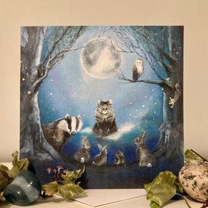 Carte animaux de la forêt, carte vierge animaux Samhain, carte d'Halloween, carte sorcière magique, cottagecore, créatures fantaisistes, art de conte de fées