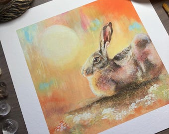 Resting Hare Giclee Print: Golden Summer Hare Dreamy Wall Art, Home Decor
