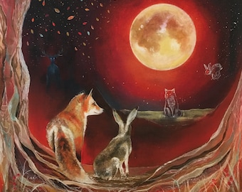 Samhain Halloween giclee print, fox and hare magical art, pagan wheel of the year, woodland animals, mystical fairytale art, home wall decor