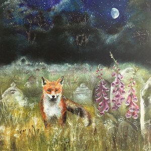 May include: A red fox stands in a graveyard under a starry night sky. The fox is looking at the viewer. There are tall, purple foxglove flowers in the foreground.